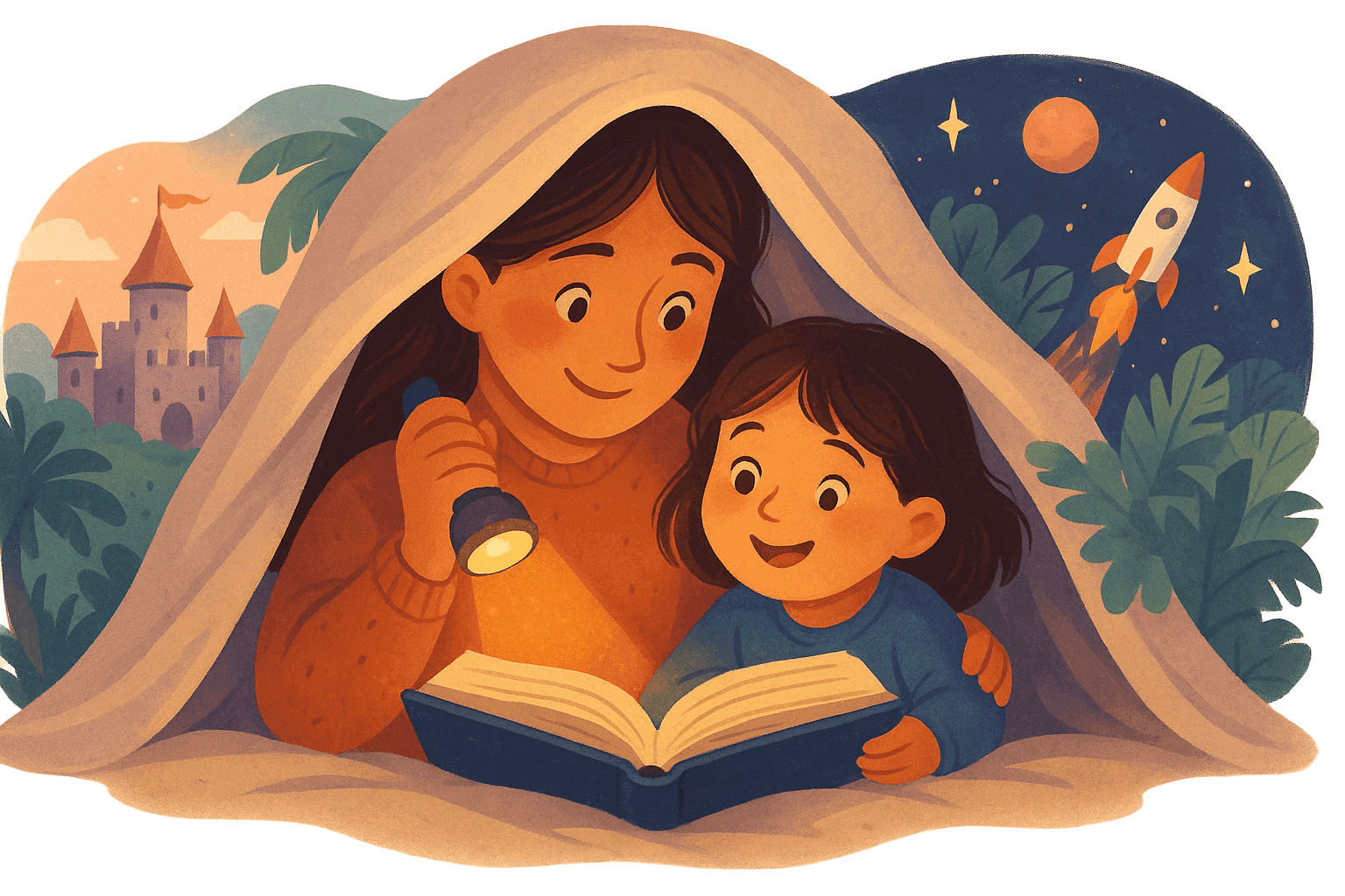 Child reading a magical storybook