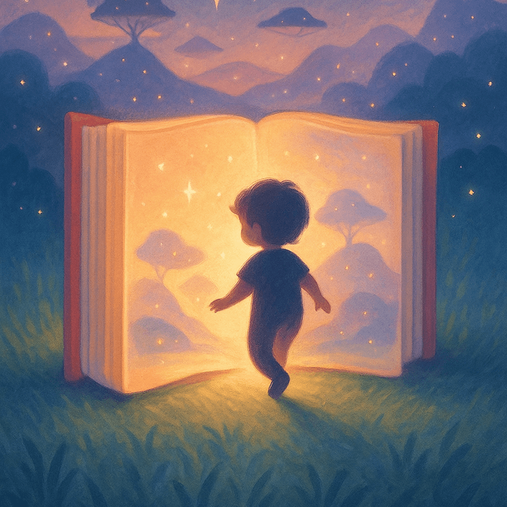 A child stepping through a glowing book into a dreamy forest story