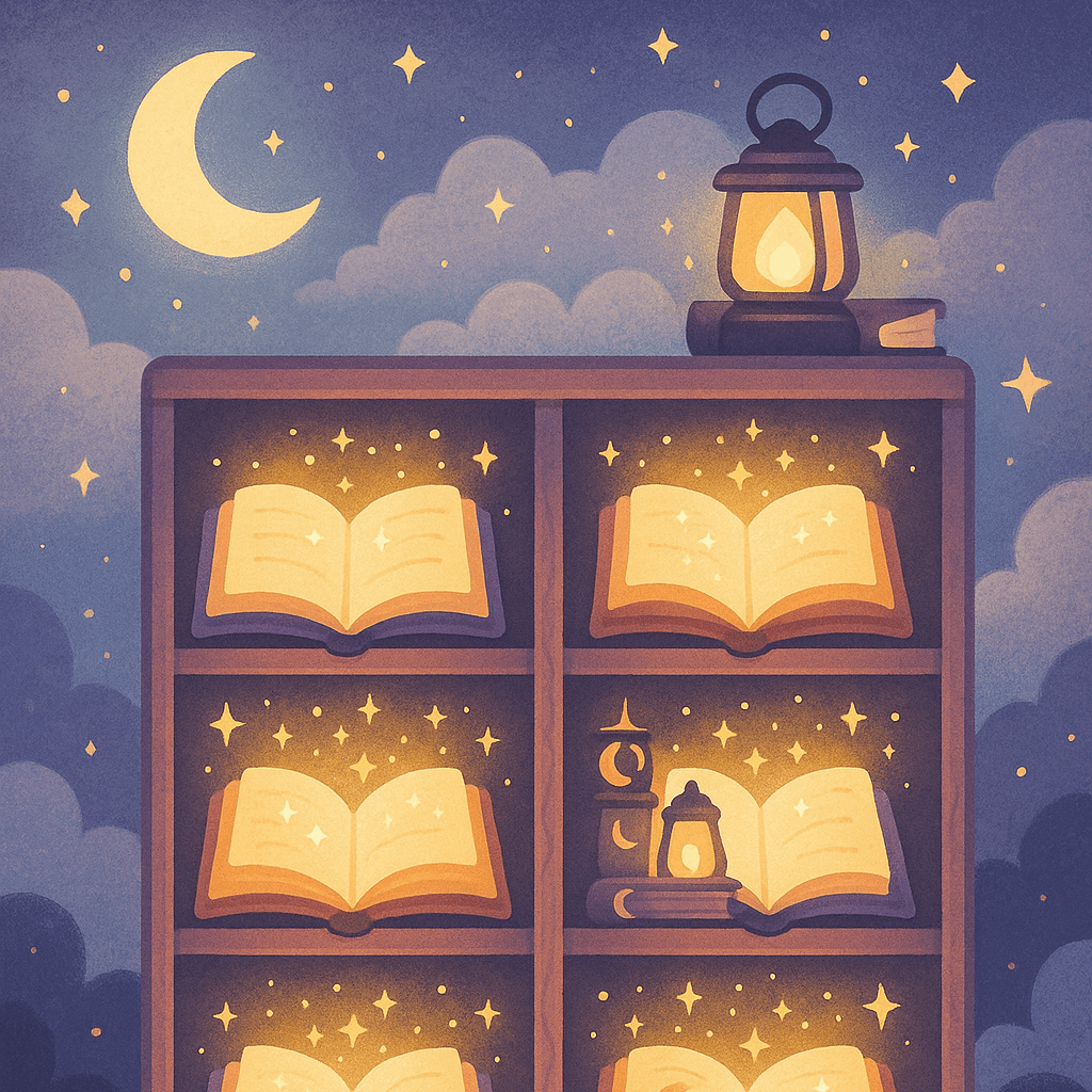 A bookshelf filled with glowing storybooks